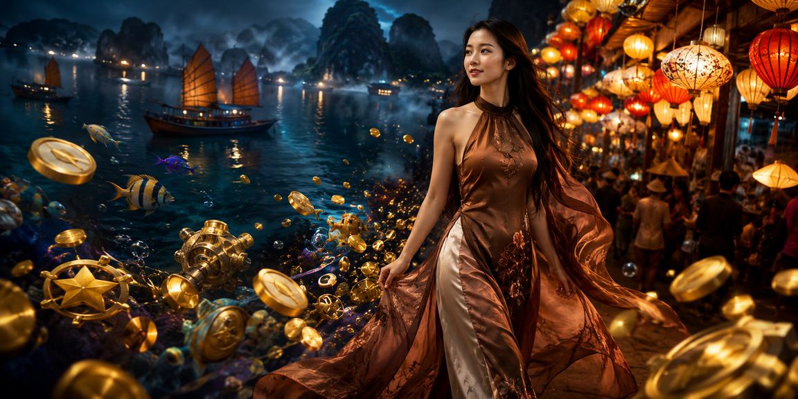 Vịnh Hạ Long bình minh rực rỡ – hình ảnh kết hợp văn hóa áo dài và trải nghiệm giải trí trực tuyến hiện đại